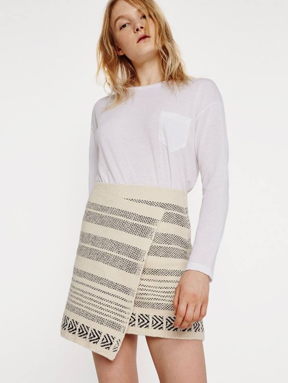 Zara Beige and Black Striped Asymmetrical Knit Mini Skirt